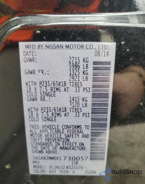 2014 Nissan Pathfinder S z USA, uszkodzony, nr VIN 5N1AR2MM0EC730057